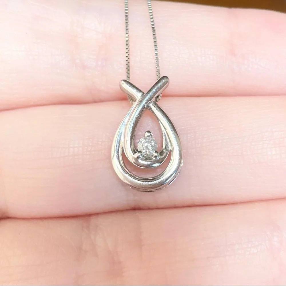 10k double loop filigree open circle .08 diamond solid white gold necklace - Picture 3 of 11